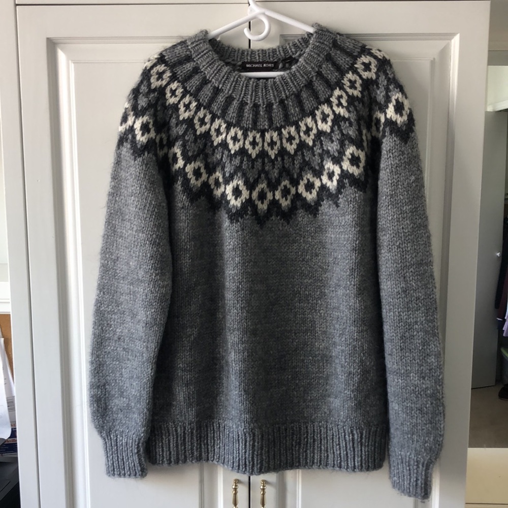 Michael Kors Icelandic Style Gray Wool Sweater with White & Dark Gray Yoke